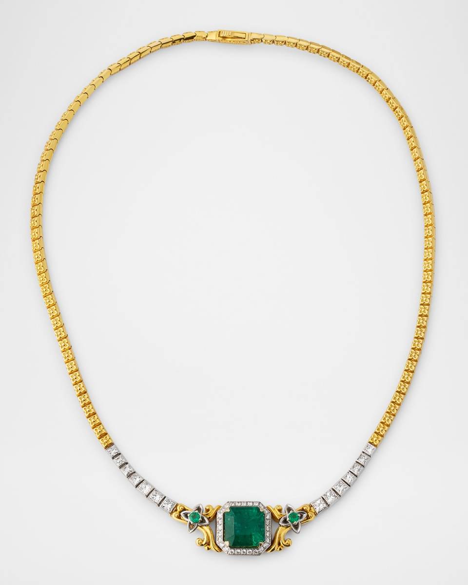 18K Yellow Gold Diamond, Emerald and Tsavorite Statement Necklace